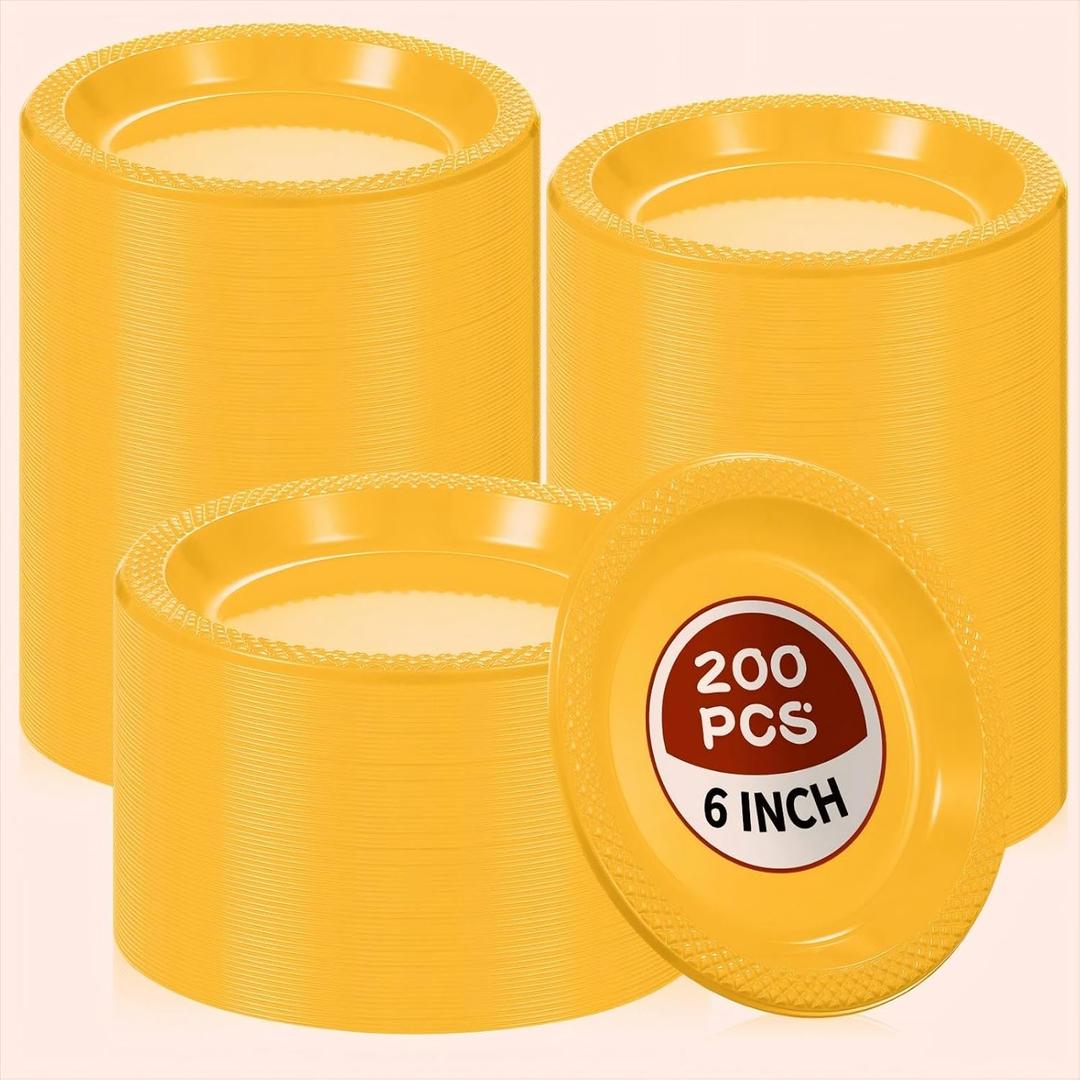 Mimorou 200 Pcs Plastic Dessert Plates 6 Inch Disposable Round Dinner Cake Plates Bulk for Wedding Birthday Picnic Salad Appetizer Party Supplies(Orange Yellow)