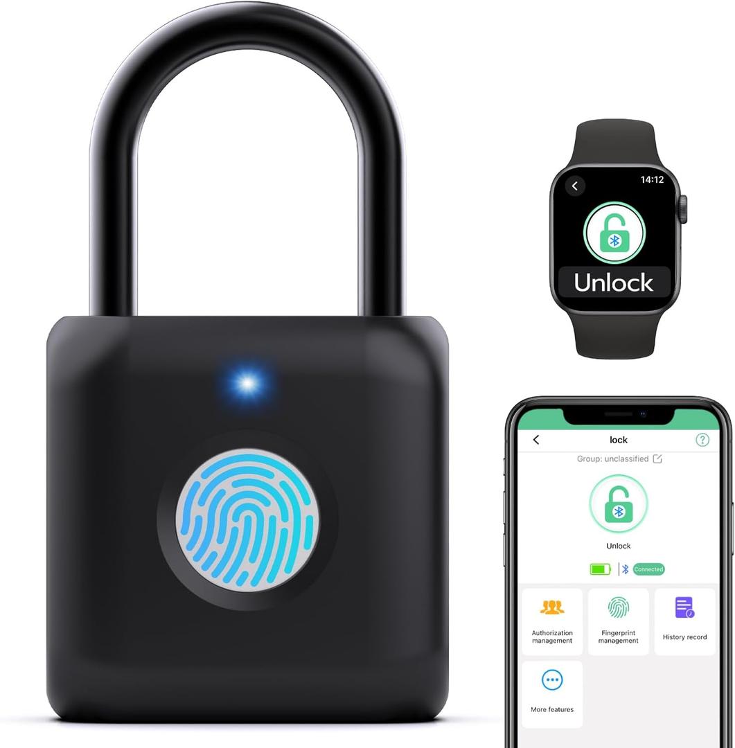 Fingerprint Padlock,Smart Padlock APP Control,Gym Locker Lock,Fingerprint Lock USB Rechargeable for Gym Locker,Locker, School,Storage Black