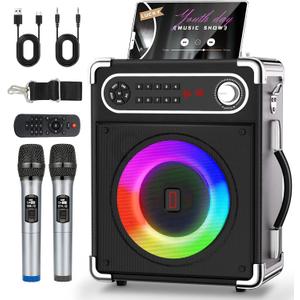 Karaoke Machine, Portable Bluetooth Speaker with 2 Wireless Microphones for Adults & Kids, PA System with Remote Control, LED Lights, Support USB/TF/REC/FM/AUX/TWS for Party Home System Packages
