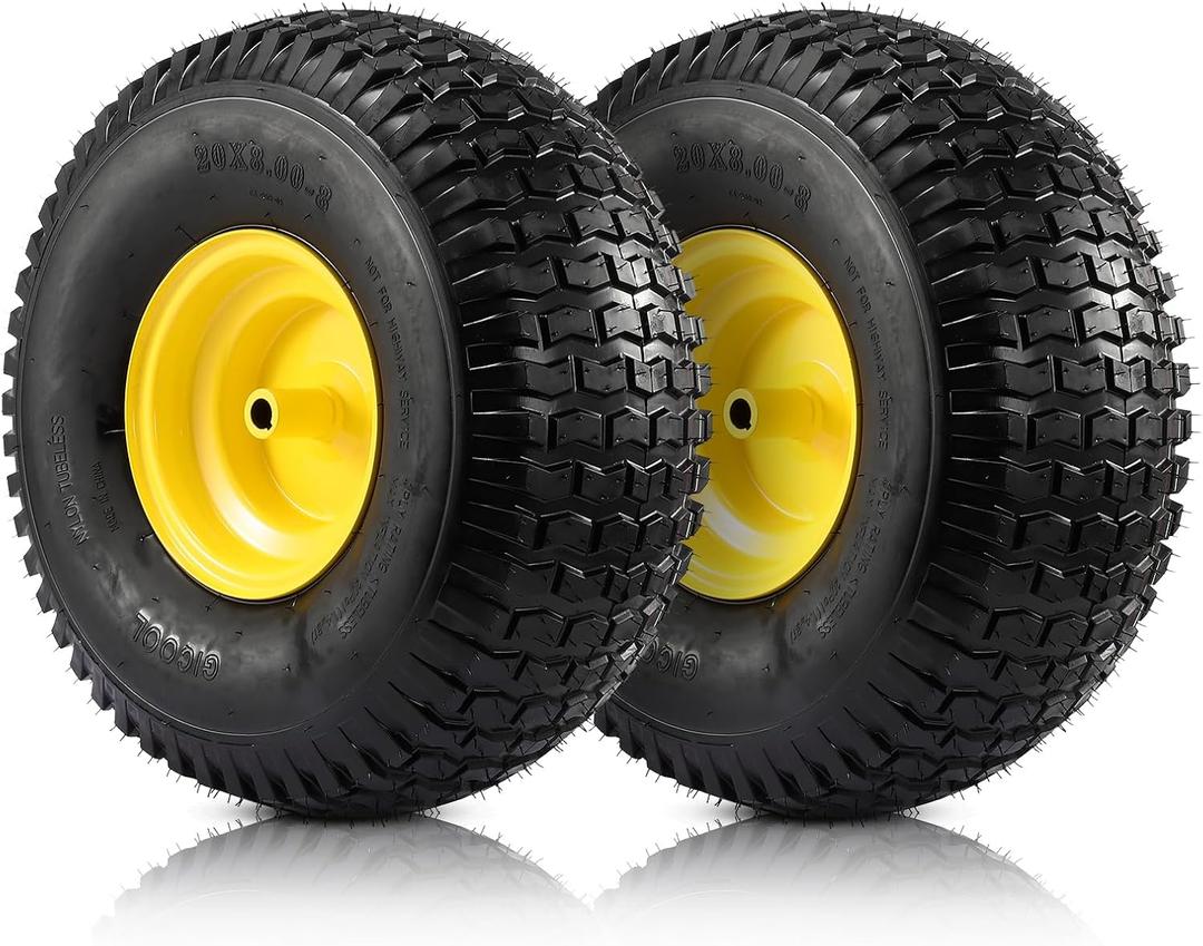 2PCS 20x8.00-8 Rear Tire and Wheel Assemblies, 3/4" Borehole, 3.5" Offset Hub and 3/16" Keyway, 4 Ply Tubeless Tire Compatible with Riding Lawn Mowers (Yellow)