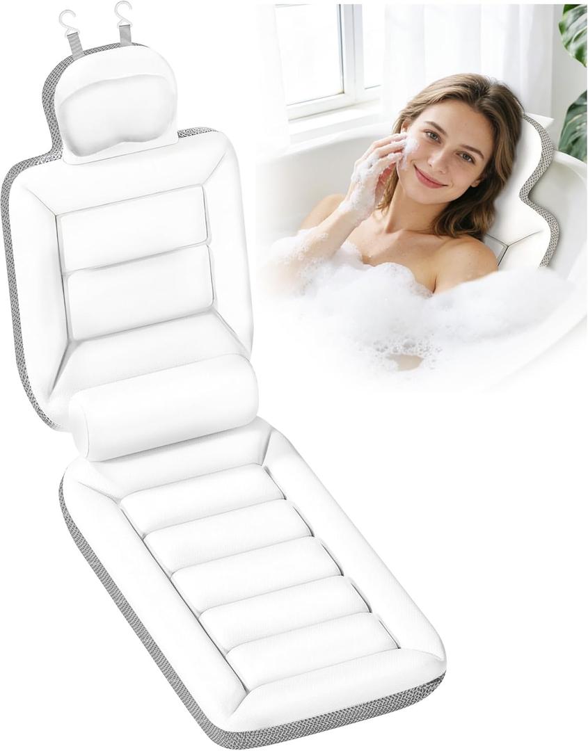 Full Body Bath Pillow for Bathtub, Thick Luxury Bathtub Cushion with Movable Lumbar Support and Laundry Bag, Bathtub Pillows for Head, Neck and Back Support, Bathtub Accessories for Women Spa Gift, White