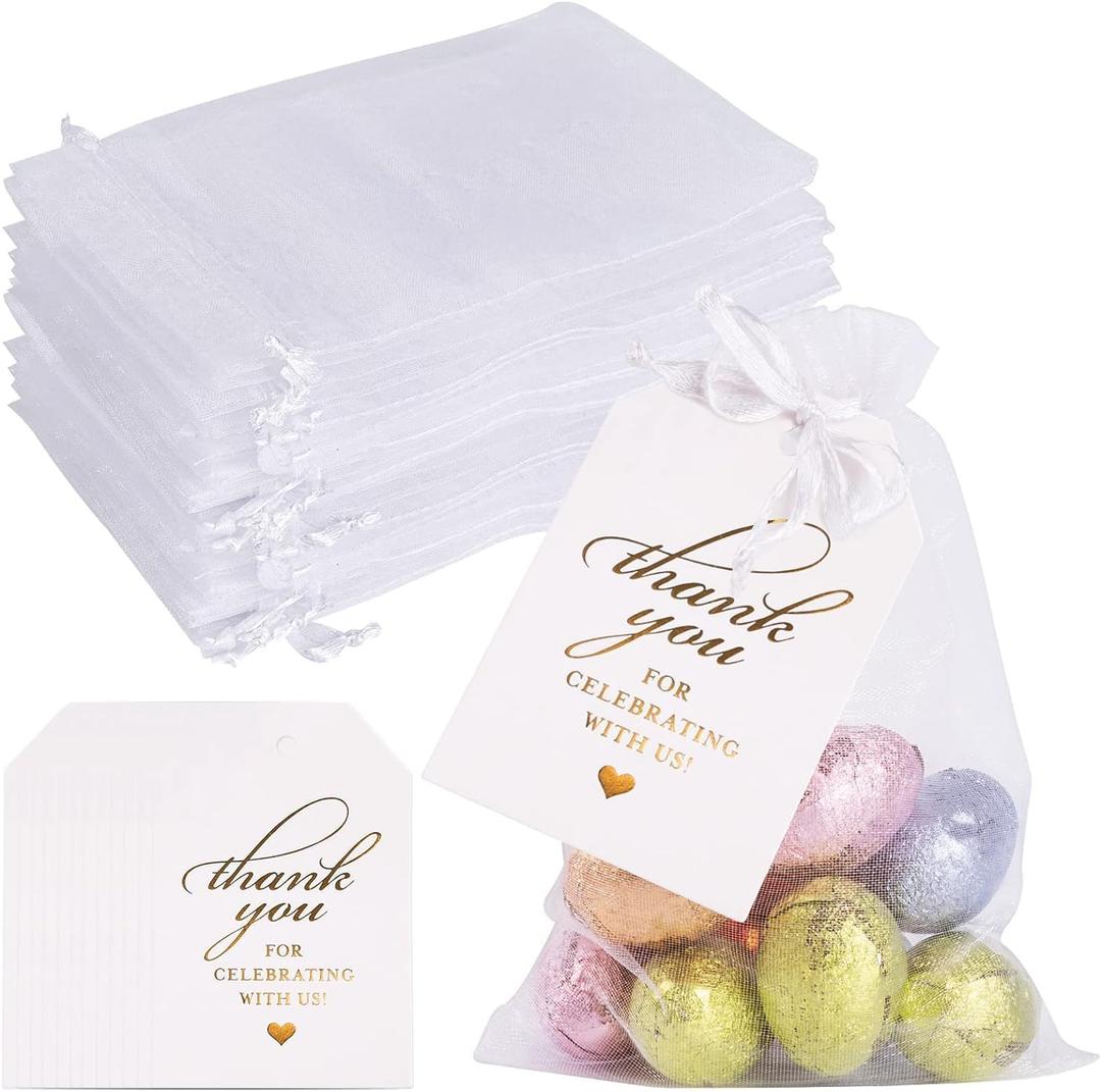 White Organza Bags Set, 60PCS Drawstring Gift Bags with 60PCS Thank You Tags Candy Mesh Pouches for Christmas Wedding Party