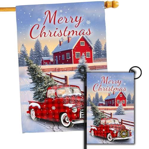 4SEASONS POD Merry Christmas Flag, Set 2 Merry Christmas Red Truck House Flag 28x40 and Christmas Garden Flag 12x18 Double Side, Winter Decorations Flag for Holiday Yard Lawn Outdoor Décor