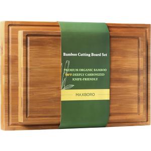 Bamboo Cutting Board Set, 2PCS Double-Sided Chopping Boards for Kitchen Meal Prep & Serving, Charcuterie, Juice Grooves & Side Handle, Ideal for Meat, Vegetables, Kitchen Essentials (14.9"L x 0.6"W, Light Brown)