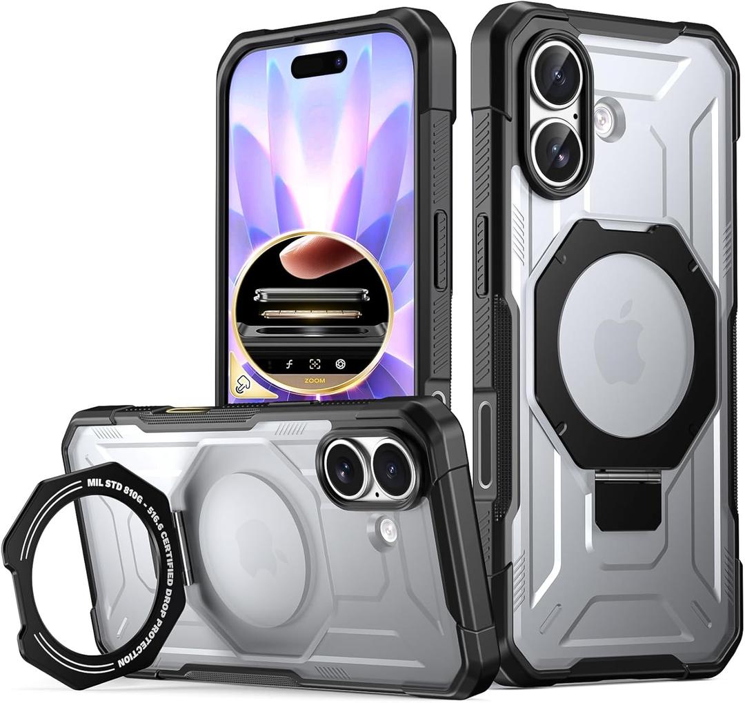 Poetic Spartan Case with Ring Stand for iPhone 17, [Camera Control Button][Magsafe Compatible], Full Body Rugged Shockproof Protective Cover Case, Black/Clear