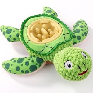 ZYBDP Interactive Dog Toy, Green Turtle Plush with Slow Feeder Bowl, Squeaky Chew Toy