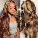 Yllies Honey Blonde Highlight Ombre Middle Part Lace Front Wigs Human Hair T Part HD Transparent Lace Body Wave Wigs 180% Density Brazilian Human Hair 4/27 Colored Glueless Wigs for Women(20 Inch)