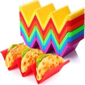 Nuogo 30 Pcs Colorful Taco Holder Stand Bulk Plastic Large Taco Tray Plates Hold 2 or 3 Tacos Each Rack Server Tortilla Holder Hard Sturdy Platter Rack for Party Dishwasher Microwave Safe