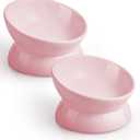 LoeJan Elevated Cat Food Bowl, 5 Oz Ceramic Raised and Tilted Water Bowl, Anti Vomiting and Protect Pets' Spines Dishes for Small Dog, Fat Faced Cat, Kitten (Pink, 2 Pack)