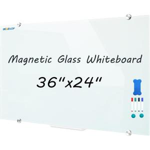 DEVELOP Magnetic Glass Dry Erase Board/Whiteboard, Wall Mounted Glass White Board, Frameless with Aluminum Marker Tray, 36 x 24 Inch (90x60cm), Includes 4 Dry Erase Markers 1 Eraser and 2 Magnets