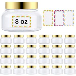 24 Pack 8 Oz Plastic Containers With Lids and Waterproof Label BPA Free - Refillable Transparent Cosmetic Containers for Body Butter,Sugar Scrubs,Cream,Lotions,Candy,Bath Salt (Gold, 8 oz)