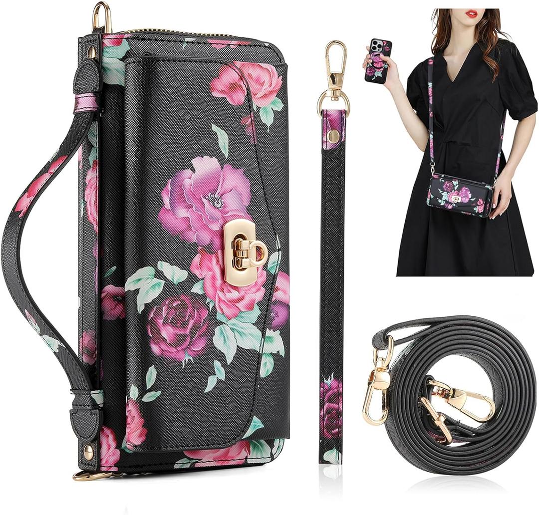 Crossbody Wallet Case for iPhone 16 Pro Max, Magnetic Detachable Floral PU Leather Phone Case with RFID Blocking Card Holder Wristlet Mirror Flip Zipper Shoulder Purse for Women - Black F