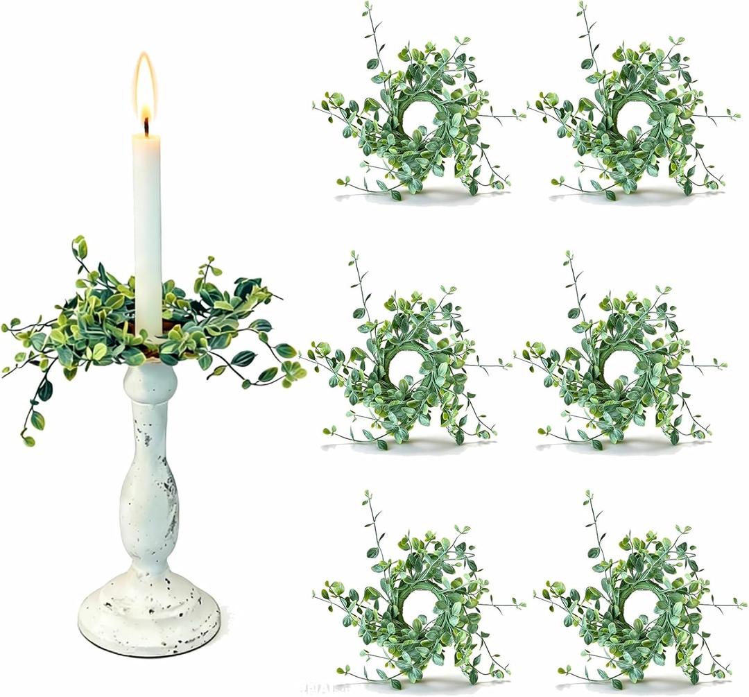 6 Pcs 1.38" Mini Green Boxwood Leaves Taper Candle Rings Wreaths Small Artificial Greenery Taper Candle Holder Wreath Candle Ring Wreath for Farmhouse Home Candlesticks Table Centerpieces Decor
