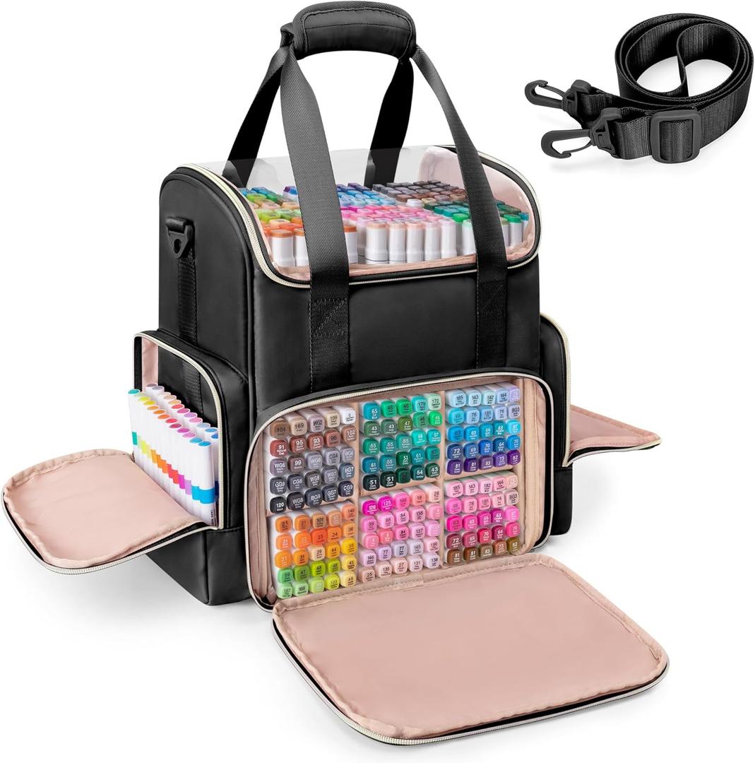 Double Layer Marker Organizer Bag Fit for 400 Markers, Large Marker Storage Case with Dividers and Multiple Pockets for Art Markers, Coloring Book or Other Painting Supplies, Black (Patented)