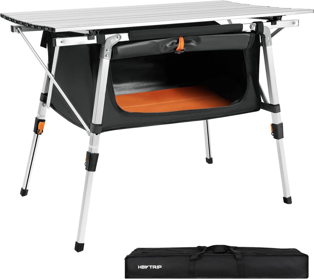 HEYTRIP Folding Camping Table with Storage Bag Roll-Up Aluminum Portable Beach Table Adjustable Height Picnic Table, Grey, 20'' x 35'' x 25''