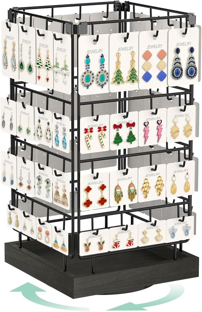 EsLuker.ly Rotating Earring Display Holder Stand for Vendors Events Selling, Large Capacity 64 Hooks Jewelry Rack with Wooden Base for Earring Card Sales, Enhances Retail Visibility (Black+Black)