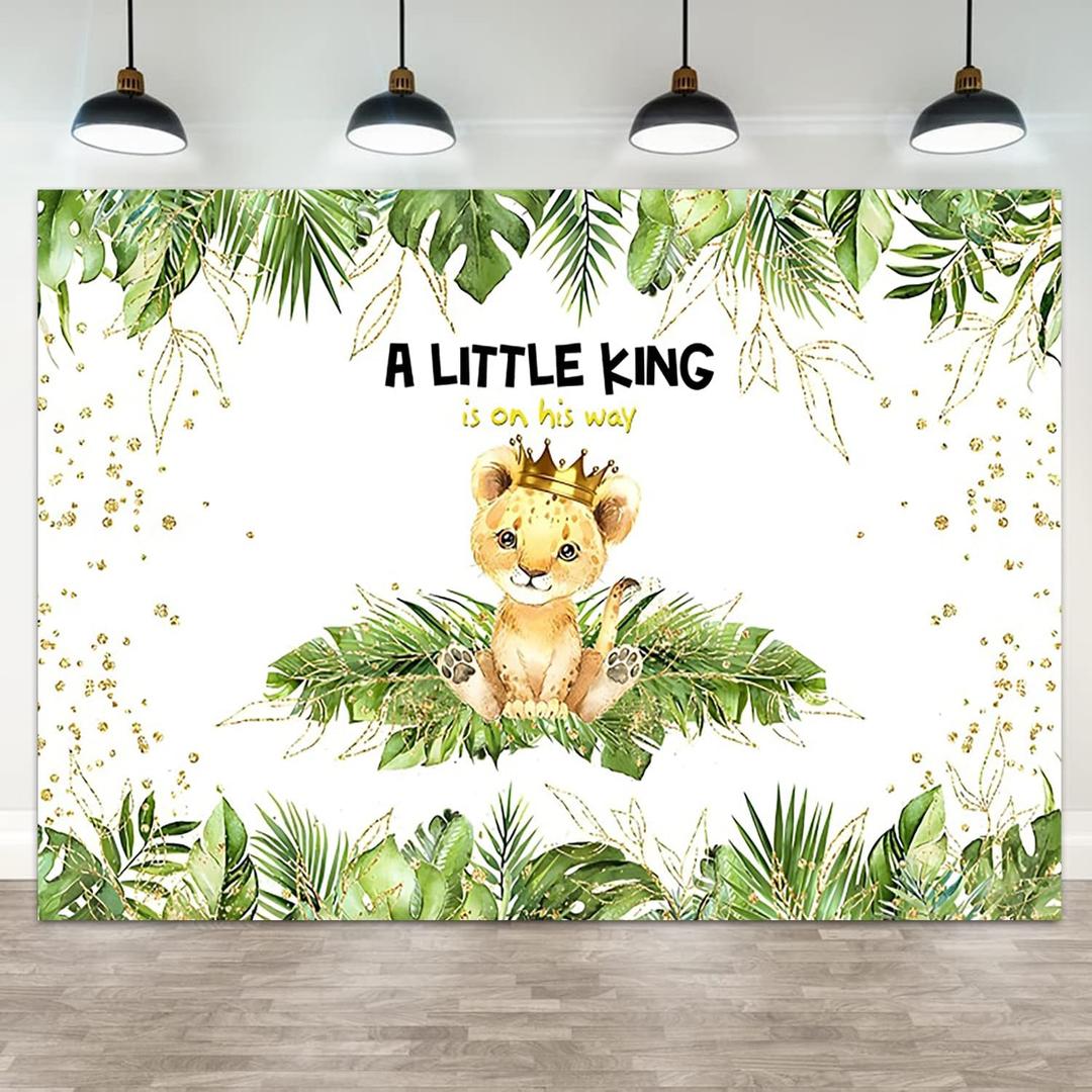 9x6ft Baby Shower Backdrop A Little King is On His Way Photography Background Lion Crown Jungle Forest Green Leaf Kid Birthday Party Banner Decorations Newborn Portrait Photo Booth Prop