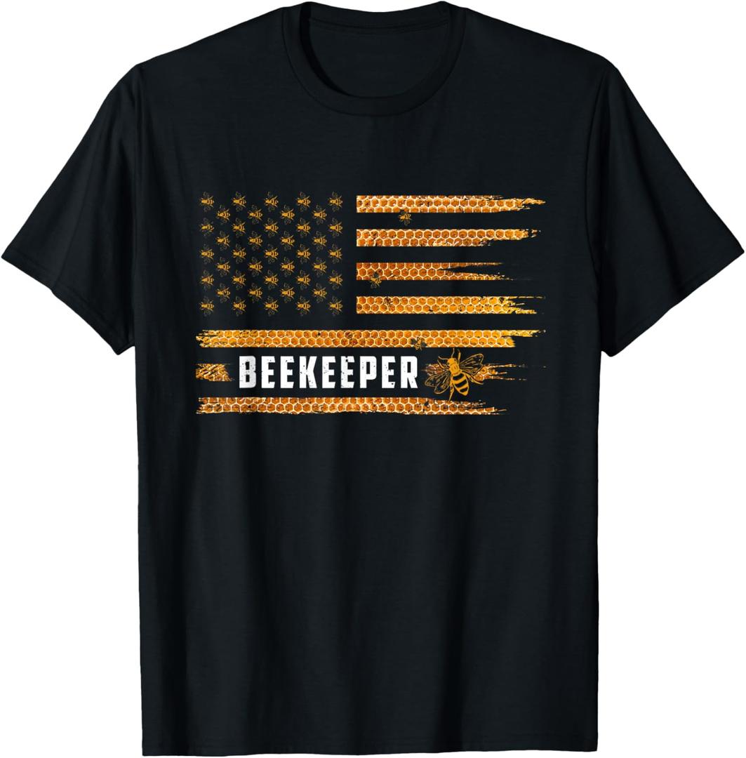 Beekeeping American Flag Honeycomb Honey Bees Beekeeper T-Shirt S