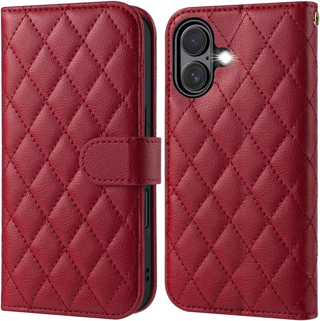 OCASE Compatible with iPhone 17 Wallet Case, PU Leather Flip Folio Case with Card Holders RFID Blocking Kickstand [Shockproof TPU Inner Shell] Phone Cover 6.3 Inch 2025, Diamond Check Red