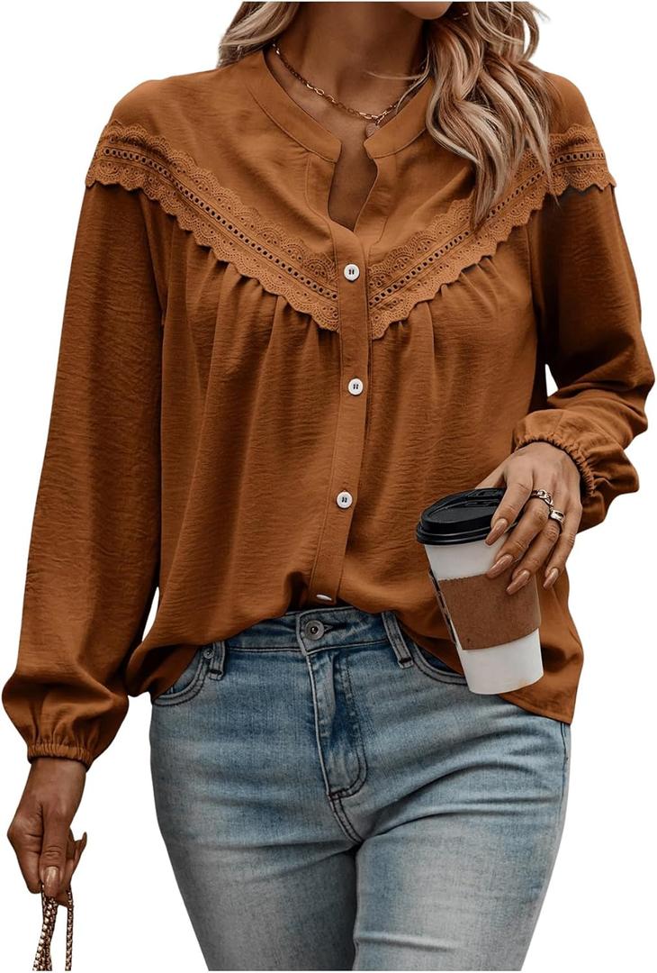Floerns Women's Lace Eyelet Button Down Peasant Blouses Dressy Casual V Neck Long Sleeve Fall Tops, Large