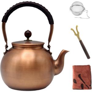 47.3oz Copper Tea Kettle for Stovetop Safe, Chinese Style Non-Coating Pure Copper Teapot with Filter Holes and Tea Ball for Loose Tea, Handmade Solid Copper Tea Pot with Non Slip Handle(1400ml)