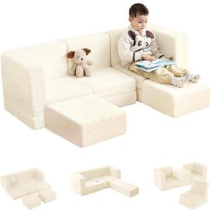 Tiita Modular Kids Play Couch, 5PS Plush Foam Couch for Toddler and Children, Convertible Sectional Sofa for Bedroom, Living Room, Playroom, Beige