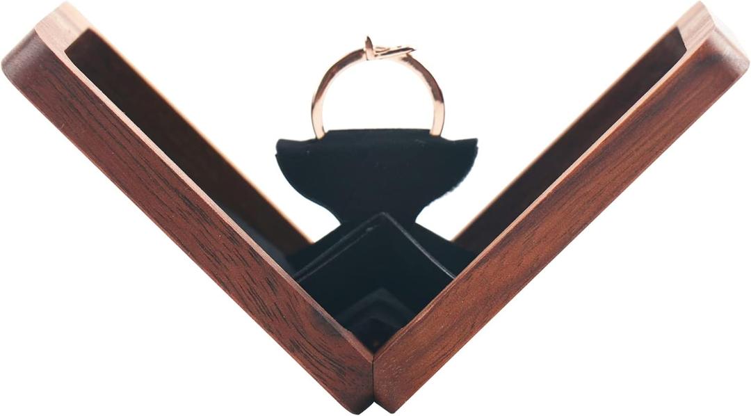 Handcrafted Wooden Rotating Ring Box Magnetic Closure Ring Storage Case Portable Ring Holder for Proposal,Engagement,Wedding (Black walnut)