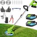 Cordless Weed Wacker Brush Cutter 21V Lightweight Electric Weed Eater | 2x 2.0Ah Battery Powered Weed Trimmer for Small Yard Lawn Edger and Garden Tool for Seniors Women - Green 6Inch, Medium weed eaters