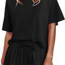 Tankaneo Womens 2 Piece Shorts Set Summer Casual Short Sleeve T Shirts Drawstring Ruffle Shorts Pajamas Lounge Set (Black, S)