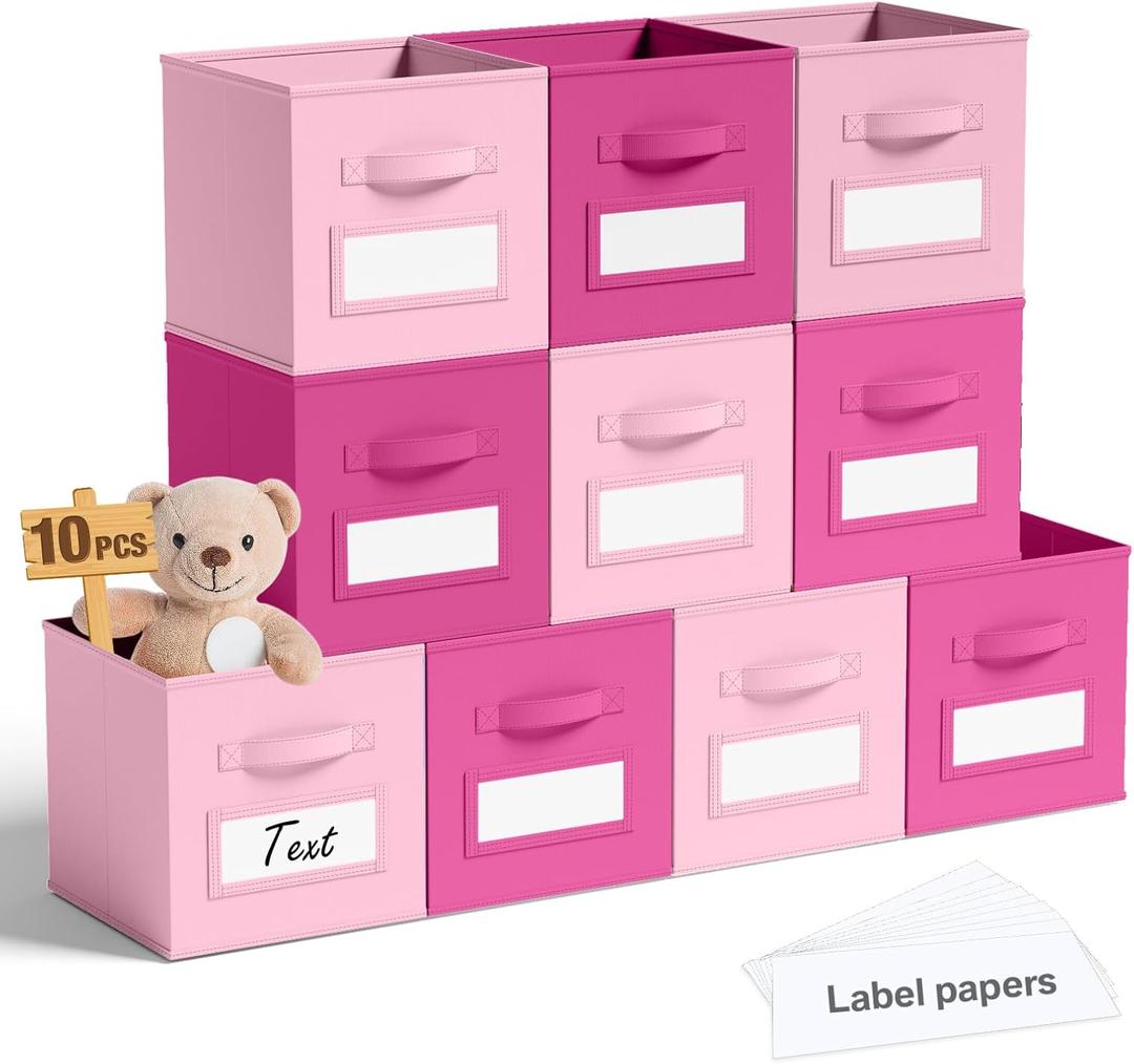 10 Pack Fabric Storage Cubes 11 Inch Collapsible Cube Bins with Label Window & Handle Foldable Organizers Baskets for Shelf Closet Nursery Kids Room Clothes Book Toy(Pink, Rose Red)