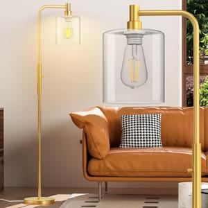 Stepless Dimmable Floor Lamps with Glass Lampshade Modern Standing Lamps with 6W LED Bulb Bright Corner Lamp Tall Pole Lamps for Living Room Bedroom Office Study Room Farmhouse, Gold