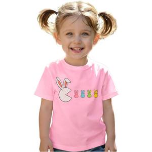 Ritatte Easter Shirt for Girls Toddlers Cute Bunny Eating Peeps Graphic Outfit Kids Funny Rabbit T-Shirt Short Sleeve Tee Top(Pink, 3-4T(100))