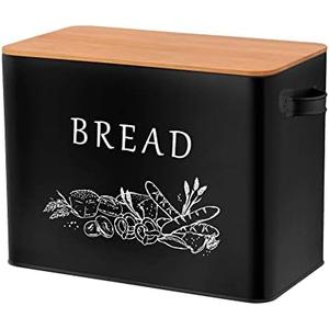 TeamFar Bread Box with Wooden Lid, 13.1” x 7.2” x 9.7” Metal Bread Container Storage Holder for Family Farmhouse Kitchen Countertop, Powder-Coated & Healthy, Large Capacity & Classic Pattern (Black)