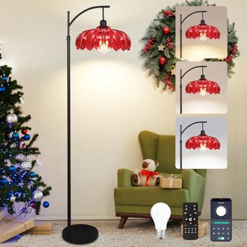 AHDWDW Unique Floor Lamp for Living Room with Remote,Arc Vintage Flower Standing Tall Lamp,Black Dimmable Floor Lamp with Red Glass Shade,Modern Mid Century Floor Lamps for Bedroom Office Corner