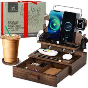 Wood Phone Docking Station for up to 3 Phones - Nightstand Organizer with Drawer for Valuables for Men & Women, Compatible with Apple Watch, Holds Phones, Tablets, Keys, Rings, Glasses, Watches & EDC