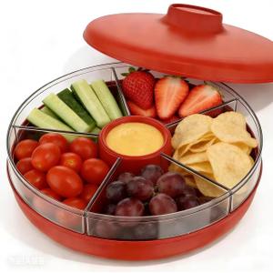 Divided Serving Tray with 5 Deep Compartments & Flip Lid  11 Rotating Fruit & Veggie Platter, 2-Tier Lazy Susan Snack Tray,BPA-Free Party Tray for Chips, Toppings, Appetizers & Holiday Hosting