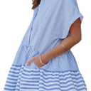 Chouyatou Women Summer Beach Short Sleeve Striped Shirt Dress Button Down Tiered Mini Tunic Babydoll Dress (Blue, XL)