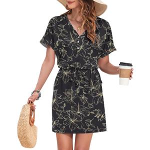AUSELILY Womens Summer Dress 2026 Casual Short Sleeve Sundress V Neck Tie Button Beach Swing Dresses with Pockets (M)