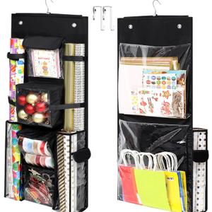 Hanging Gift Wrapping Paper Storage, 40x16 inch Double-Sided Gift Wrap Organizer Christmas Wrapper Paper Container, Craft Roll Organizer Behind The Door Storage Heavy Duty Oxford Gift Bag Holder (Black)
