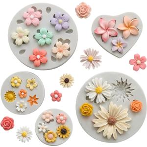 5 Pcs Flower Fondant Molds Flower Rose Daisy Silicone Chocolate Mold for Candy Fondant Polymer Clay Soap Ice Cube Crafting and Cake Cupcake Decoration