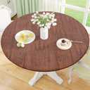 misaya Round Fitted Tablecloth with Elastic Edge, 100% Waterproof Oil Proof Plastic Table Cover, Vinyl Flannel Backed Tablecloth Fits 45"-56" Round Tables for Dinner, Outdoor, Picnic, Oak Wooden Grain (Brown)