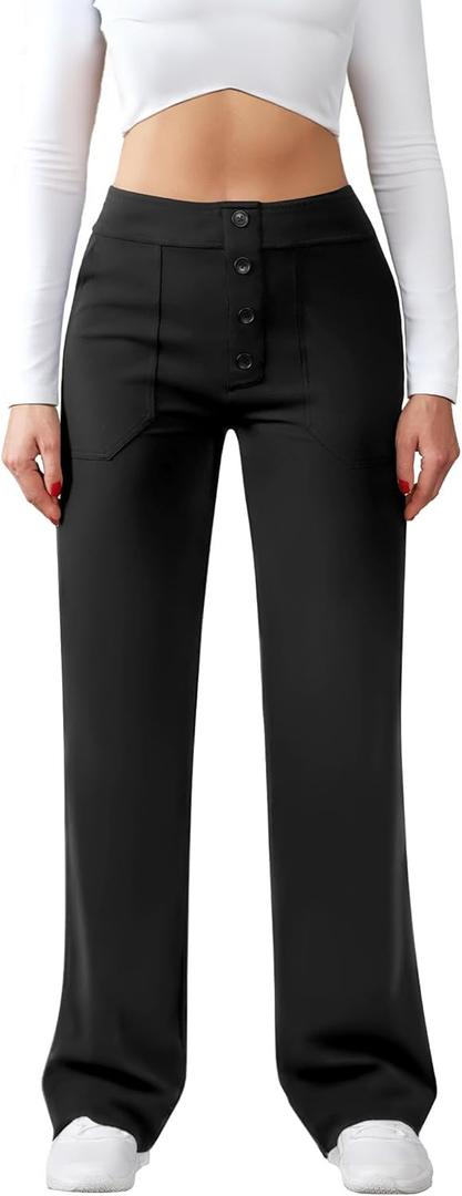 JEKAOYI Womens Casual High Waist Straight Leg Pants Stretchy Button Business Dress Work Pocket Trousers (X-Large, Black)