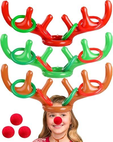 18 Pieces Inflatable Reindeer Antler Ring Toss Christmas Games 2 Colors Antler Hats Christmas Party decorations for Kids Adults Family Xmas Carnival Party Toys (3 Antler Hats, 12 Rings, 3 Reindeer Noses)