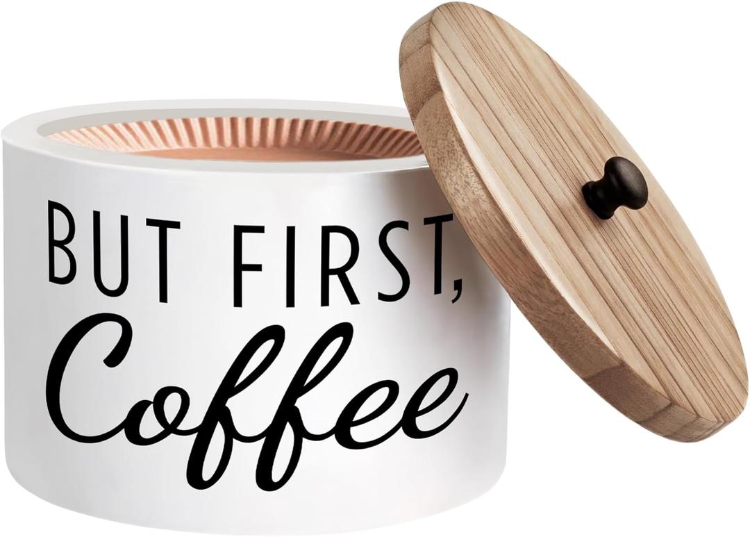 Coffee Filter Holder with Solid Wood Lid - But First, Coffee Farmhouse Storage Canister | Fits Basket, Cone and Flat Bottom Filter Types - Organizer for Counter and Bar Decor (White)