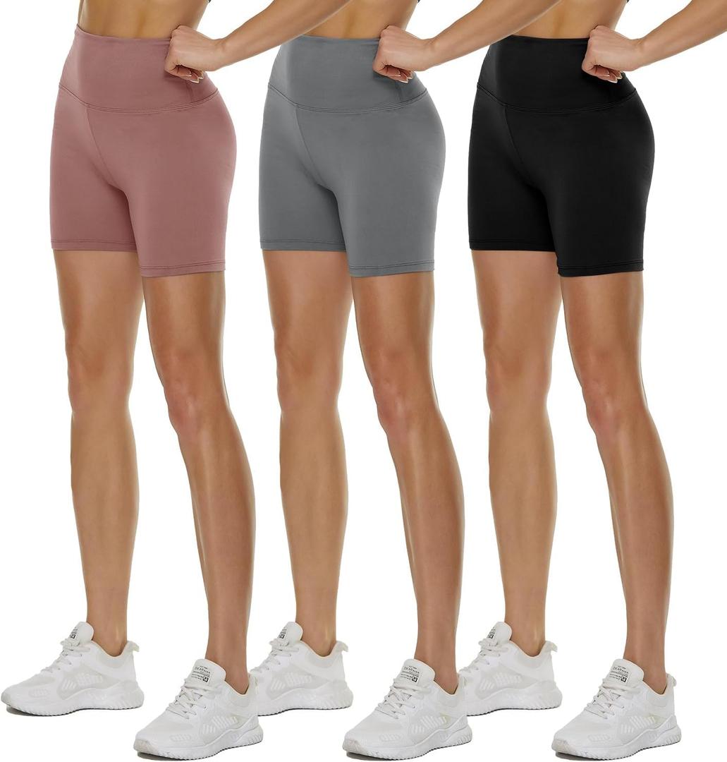 3 Pack High Waisted Biker Shorts for Women 5" Black Workout Yoga Compression Novelty Shorts for Running (XX-Large, Black/ Beige/ Light Grey)