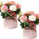 2 PCS Mini Hygrangea Artificial Flowers in Vase, Small Centerpiece Table Decorations - Fake Plant in Vase, Faux Hydrangea Flower Decor for Home, Wedding, Office and Party