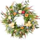 Beinhome 20in Spring Wreath for Front Door - Yellow Rose Lavender Decorated with Small Red Peonies, Blue Hydrangeas and Fruits - Summer Decor for Window, Home, Kitchen Wall