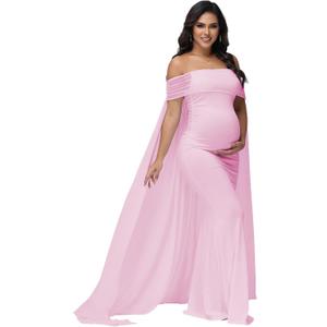 Maternity Mesh Off Shoulder Chiffon Cloak Maxi Photoshoot Dress (Pink, M)