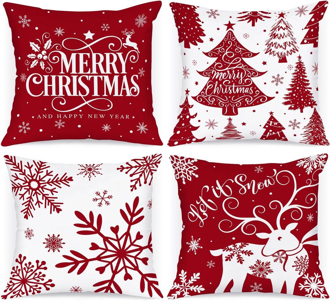 Lanpn White and Red 18x18 Christmas Pillow Covers Set of 4, Decorative 18 Inch Winter Snowflake Throw Pillow Case Xmas Cushion Cover for Indoor House Sofa Red