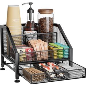 SWTYMIKI Coffee Bar Organizer for Countertop Space-Saving Kcup Organizer with Drawer and Tiered Shelves, Coffee Station for Pods, Sugar, Syrup, Cups, Stirrers, Condiment Organizer Storage